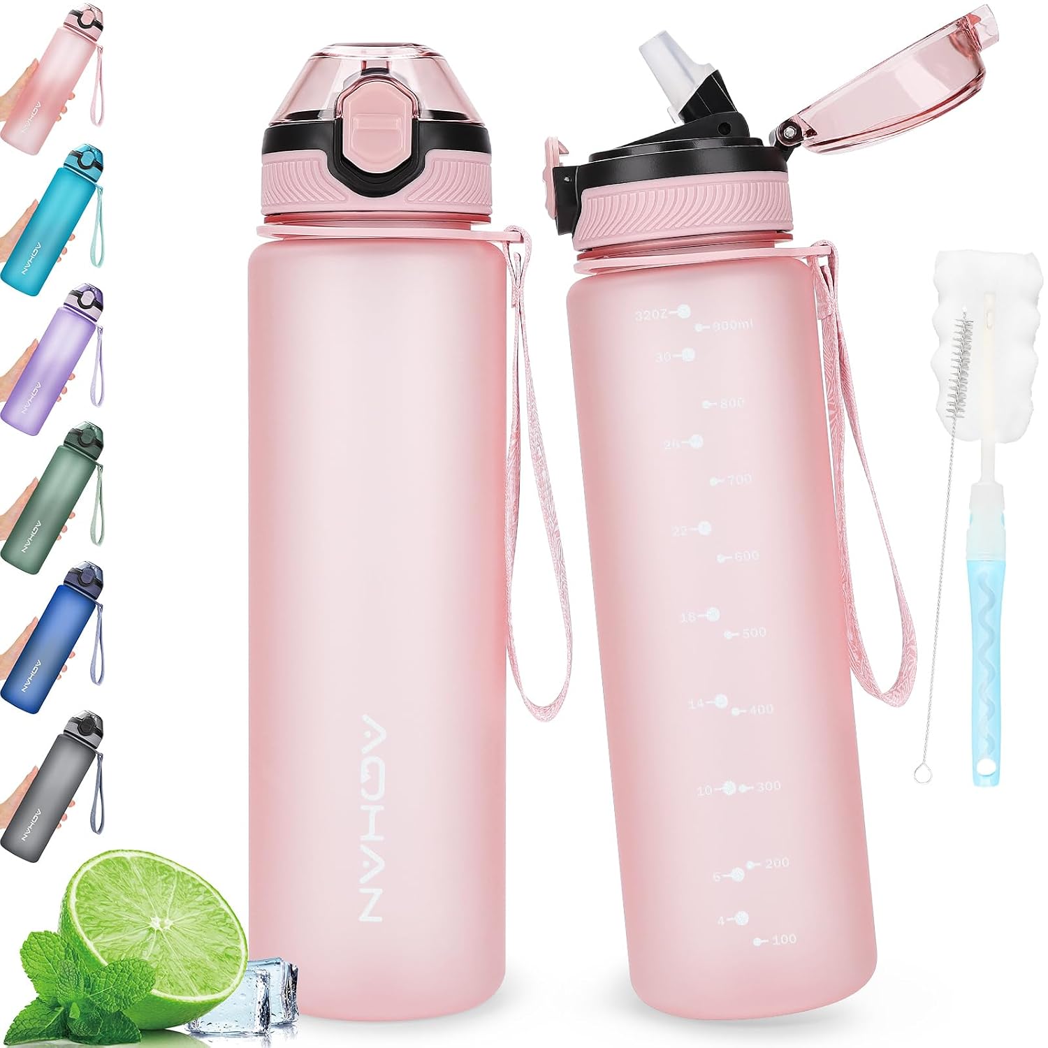 AOHAN Waterfles van 1 liter met lekvrije klapdeksel, BPA-vrije sportdrinkfles met rietje, vaatwasmachinebestendig, niet-giftige waterfles met draagriem
