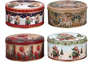 Angoily Caja Galletas Metalica Redonda, 4 Piezas Vajilla Navidad, Bote Galletas Navideña Para Pastel Pastelería, Bombonera Navideña, Tarro Tin Con Tapa Decoracion Navidad Mesa Cajas Para Retro