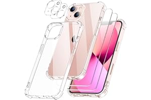 SOGUDE 5 en 1 Coque pour iPhone 13 avec 2 Verre Trempé et 2 Caméra Protecteur, Étui de Protection Antichoc avec Coussin d'air Intégré Mince Bumper Housse - Transparente