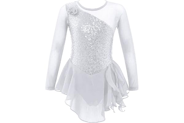 ranrann Enfant Fille Robe Patinage Artistique Paillette Justaucorps Gymnastique Manche Longue Robe Danse Body Brillant Costume Spectacle