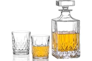 Amisglass Bottiglie e Bicchieri Whisky Set, Decanter da Whiskey e Bicchieri da Whisky in Vetro Cristallo Premium, 100% Senza Piombo, Set 3 Pezzi - 1 Bottiglia (700 ml) e 2 Bicchieri (300 ml) (T2)