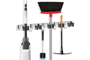 ibell Colgador de Escobas y Fregonas con 5 Posiciones y 4 Ganchos de Acero Inoxidable, Colgador y Organizador Soporte Escobas pared Adhesivo, Sujeta Escobas para Garaje, Cocina, Baño, Jardín
