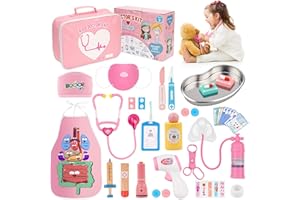 TENEYTOYZ Doctor Set for Kids, Kids Doctor Set Medical Playset with Wooden Syringe, Stethoscope, Stainsteel Tray, Organ Apron Doctor Roleplay, Signable Washable Medical Bag for Kids Toddlers Boys Girls (Pink)