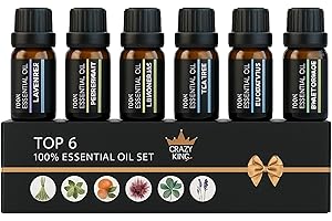 CRAZYKING Crazy King Set 6 Oli Essenziali 10ML Per Diffusori Essenze Naturali Diffusore Aromaterapia Olii Essenziali 100% Puri, Profumatore Per Ambienti, Massaggi e Relax Con Lavanda,Arancia,Eucalipto,Tea Tree