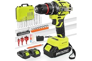 VOERJIA Perceuse Visseuse Sans Fil 21V, Perceuse Percussion Brushless avec 2 Batteries 2000mAh, 65Nm Couple Max, 20+3 Réglages de Couple, 2 Vitesses, LED, Mandrin 10mm, 46 Accessoires et Valise