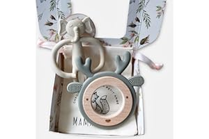 MAMAN COCO - Mordedor para bebé, silicona alimentaria, sin BPA, con madera natural, juguete de dentición para bebé, juguete de despertar Montessori a Mordiller, regalo de nacimiento (ciervo y