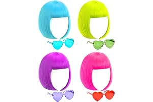 DAJOOEE Colored Wigs with Flat Bangs 4 Pack,Neon Short Bob Wig,Wig Cap, Heart Bachelorette Sunglasses Pack Costume Colorful Cosplay Wig for St. Patrick,Christmas,Cosplay Party and Night Club