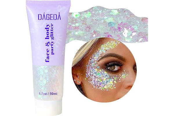 Prreal Body Glitter Gel 50ml, Paillettes de visage, Body Gel paillettes Shimmer liquide fard à paupières, Paillettes Chunky Holographique Laser poudre Festival Glitter(06 blanche)