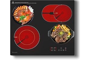 Topwish placa vitroceramica 4 fuegos, placa de vitrocerámica 60cm, vitrocerámica encastrable 6600W, con zonas dobles y ovaladas, Cierre de seguridad, Indicador de superficie caliente, sin enchufe
