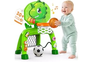 POPERFUN Canestro Basket da Camera e Porta da Calcio per Bambini 1-3 Anni, Mini Canestro Basket con Luci Musica Sonora, Giocattoli Dinosauro Bambina per Ragazzi, Regali di Compleanno di Natale