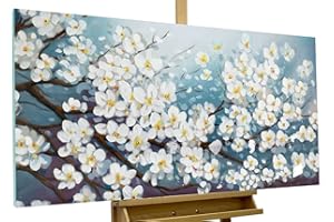 KunstLoft Leinwandbild | 100% HANDGEMALT | 140x70cm | Gemälde 'Glamour in White' | Blüten | Blau Weiß | Wandbild Wohnzimmer