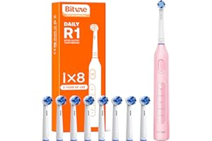 BITVAE Cepillo Electrico para Adultos y Niños, Cepillo de Dientes Eléctrico Giratorio con 8 Cabezales, 60 Días de Duración de la Batería, 5 Modos, Rosa