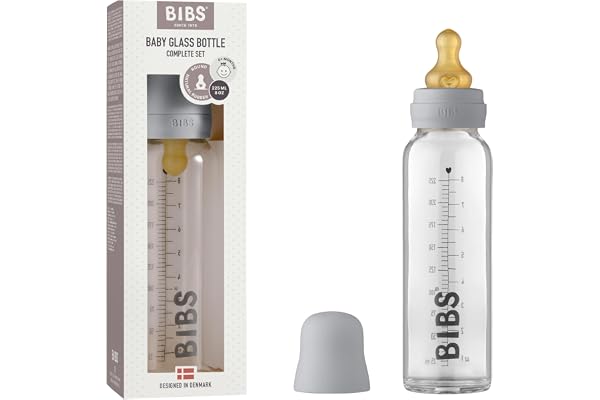 BIBS Baby Glass Bottle. Anti-colique. Embout rond en latex de caoutchouc naturel. Favorise l’allaitement naturel, 225 ml, Cloud