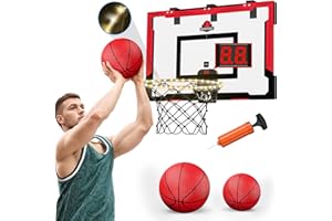HYES 24'' x 16'' Canestro Basket da Camera con Scoreboard e illuminazione, Cestino da Basket per Bambini Adulto, Set da Basket per Interni ed Esterni, con Pompe, 3 Palla, Indicatore del Punteggio