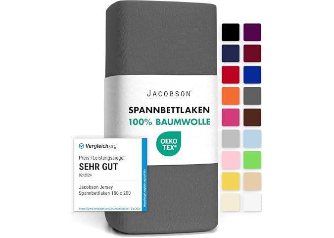 Jacobson Jersey Spannbettlaken Spannbetttuch Baumwolle Bettlaken (140x200-160x200 cm, Anthrazit) – Produktbeispiel aus Küche, Haushalt & Wohnen