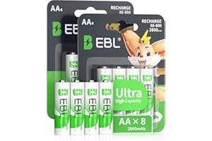 EBL 8PCS Piles Rechargeables AA Haute Capacité 1.2V, Piles Rechargeables Ni-MH 2800mAh avec 1200 Cycles