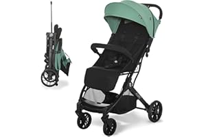 Silla de Paseo Ligera y Compacta con Plegado con una Mano, Ruedas Grandes, Reclinable y Apta para Cabina – Carrito de Bebé con Asa Trolley y SPF50+ – Asalvo KUBIC 2 Verde