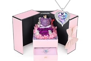 ELEUTH Rosa Eterna con Oso de Musgo,Rosa Eterna Natural Preservada con Collar Regalos Originales para Mujer Mama Novia Caja Regalo San Valentin,Dia de la Madre,Aniversario,Cumpleaños,Navidad