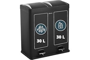 Homra Poubelle de Tri Sélectif 2 bac Maxer | Poubelle Cuisine 60l | Poubelle à Pédale 2x30 litres | Déchets et recyclage | Poubelle triple en Acier inoxydable | Poubelle pédale 2 compartiments | Noir
