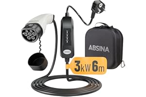 ABSINA Ładowarka samochodowa elektryczna Typ 2, 3kW, 13A, kabel 6 metrów i 1 faza - kabel do ładowania samochodów elektrycznych i hybrydowych - ładowarka typu 2, kabel t2, kabel ev ładowarka typu 2,