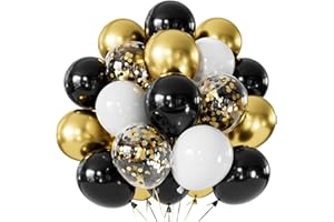 Adeyoo Black and Gold Balloons - 12 Inch Happy New Year Balloons with Black Gold White Latex Balloon Glitter Confetti Balloon for New Years Eve Congratulations Birthday Wedding Party Decorations