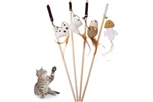 Fanshiontide 4 Stück Katzenspielzeug Feder, Interaktives Katzenangel Katze Spielzeug Katzenspielzeug-Stab mit Maus Fisch Vogel Plüschtier für Katzenbeschäftigung