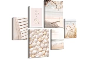 6 st träinramad canvas väggkonst set kustnära strandskal canvas tryck Boho Pampas gräs målning svingar havslandskap bilder fö