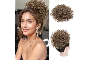PORSMEER Hair Extensions Haarteil Dutt Haar Bun mit Elastischer Kordelzug Kurz Locken Welle Pferdeschwanz Haarteil wie Echthaar Updo Haarverlängerung zopf für Frauen (Dunkles Goldbraun)