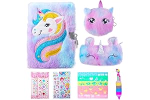 KIYTARBOO Geheimes Tagebuch für Mädchen mit Schloss, süße Einhörner für Mädchen, Plüsch Notizbuch mit Geldbörse mehrfarbig Schultasche Aufkleber Lineal Einhörner Geschenke für Mädchen 6+ Jahre