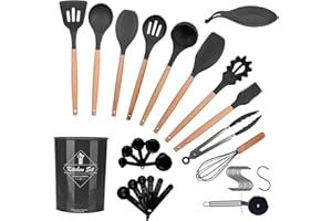 ONATISMAGIN Lot de 35 ustensiles de cuisine en silicone antiadhésif, coend une spatule, une cuillère fendue, une cuillère, une roue à pizza, un crochet et plus encore (gris foncé)