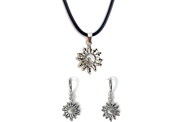 ASTER ALHELÍ - Conjunto Pendientes y Colgante Sol Étnico - Aros Mujer Chapados en Platino - Colgante de Protección Flor del Sol color Plata Vieja - Amuleto Perfecto para Regalo