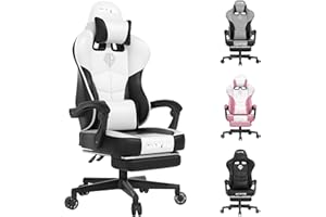 Popsit Gaming Chair with Headrest Lumbar Support Ergonomic Video Game Chair PU Leather Office Chair Height Adjustable Swivel Task Chair with Footrest Gamer Chair (Black&White)