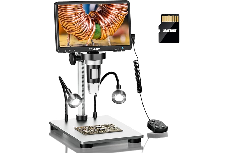 TOMLOV DM9 7" LCD Digital Microscope 1300X, 12MP Coin Magnification, 1080P HD Video Soldering USB Scope for Adult, with LED Light, Adjustable Metal Stand, PC/Windows/Mac Compatible, 32GB Card