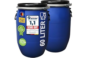 plasteo® 2 unidades: barril de boca ancha de 60 L con cierre de tensión, 100% apto para alimentos, barril universal, contenedor de comida, para lluvia, puré, comida para mascotas, agua potable,