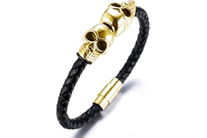 HALUKAKAH ● Skrytobójca ● Męskie Bransoletka z Prawdziwej Skóry z Tytanowymi Głowami Czaszki Zapięcie Magnetyczne 8.46"/21.5cm