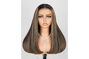 MEGALOOK Highlight Balayage Straight Wig Salon-Quality Ready to Go Glueless Wigs Human Hair 5×6 Pre Cut HD Lace Front Wigs Human Hair Real Pre plucked Bleached Tiny Knots Wig 16 Inch