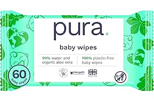 Pura Salviette Neonato, 60 Salviette (Confezione da 1), 99% Acqua, 100% Senza Plastica, Adatte per Pelle Sensibile e Senza Profumo, Aloe Vera, Neonati, Biodegradabili, Vegan