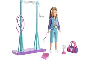 Barbie GBK59 Team Stacie Doll and Gymnastics Playset with Spinning Bar and 7 Themed Accessories, Multicoloured