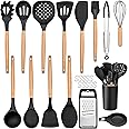 Joyfair Kitchen Utensils Set, 25 Pieces Soft Silicone Cooking Utensil Set with Holder, Natural Wooden Handle Kitchen Spatula Spoon for Cooking Baking, Non Stick & Heat Resistant, Black