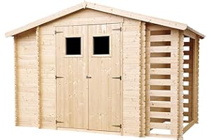 TIMBELA Holzhaus Gartenhaus mit Brennholzschuppen M389 - Gartenschuppen Holz B328xL206xH218 cm/ 3,53 + 0,97 + 0,97 m2 Lagerschuppen für Garten - Fahrrad Schuppen - Wasserfestes Dach