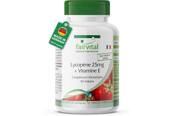 fairvital Capsules de lycopène avec vitamine E, 90 capsules, faciles à avaler, 25mg de lycopène, VÉGÉTALIENNES, micro-encapsulées