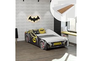 ‎KIDS COLLECTIVE Kids Collective Autobett 80x160 cm Kinderbett Jugendbett mit Rausfallschutz & Matratze | Kinder Spielbett Batman Batmobil Bat Car Auto Bett in schwarz | von 3. bis 10. Lebensjahr