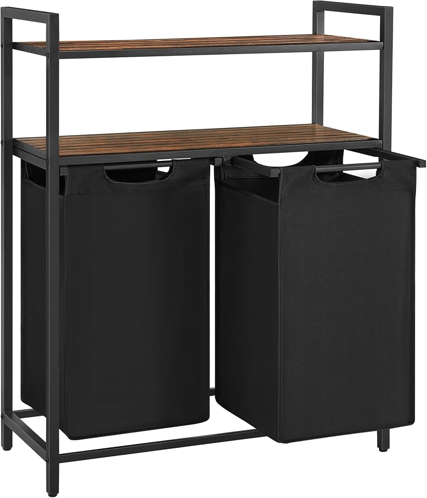 VASAGLE çamaşır sepeti, çamaşır kutusu, 2 bölme, 2 raf, metal çerçeve, 2 x 46 litre, 73 x 33 x 91 cm, vintage kahverengi-siyah BLH211B01