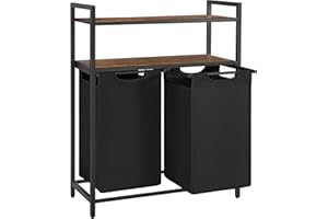 VASAGLE Panier à Linge, Corbeille à Linge Sale, Rangement 2 Compartiments, 2 Sacs Amovibles en Tissu Oxford, 2 Étagères, Cadre en Métal, 46L pour Chaque Sac, Marron Rustique et Noir BLH211B01