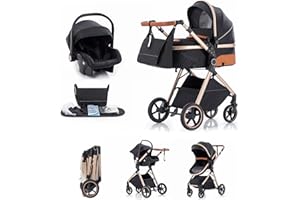 Kakbgee Trio Poussette 3 en 1 avec Siège Auto, Landau Bébé Pliable, 7 Positions Poignée, Suspension 4 Roues, Housse Pluie, Moustiquaire, Système de Voyage pour Nouveau-Nés 0-3 Ans (15kg), Noir