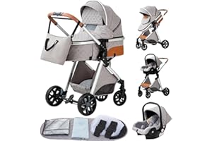YAZOCO kinderwagen 3 in 1 Buggy Babybett Komplett Set Einem Klick Zusammenklappbarer Kinderwagen, KombiKinderwagen Aluminiumrahmen für Neugeborene Sitzzubehör (4 Silbergrau)