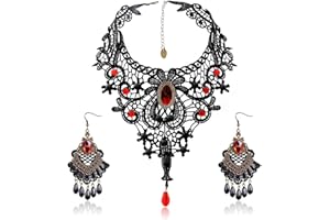 LOHAME 3 unidades de collar de encaje negro con pendientes, juego de joyas góticas, cadena roja, colgante de Lolita, pendientes góticos, gargantilla steampunk, cosplay, accesorios para Halloween,