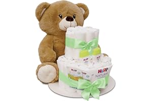 MilaBoo® - Torta di pannolini, verde, per bambino o bambina, con un grande orsacchiotto morbido, per neonati, torta con pannolini e prodotti