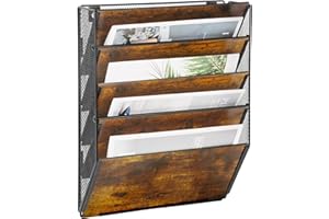 TQVAI 5 Compartimentos Metálica Madera Revistero Pared Documentos Organizador Papeles A4 Colgante Oficina Archivador de Organizador Herramientas Pared, Negro/Antiguo
