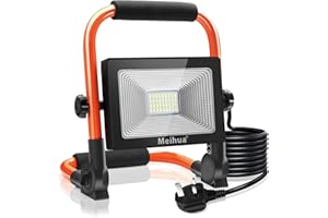 MEIKEE MEIHUA 35W LED Work Light 3000LM, Job Site Light, Plug in Folding FloodLight, Portable Stand Work Lights Mains Powered for Car Repairing Home Workshop Garage, 6500K Cold White 3.5M Wire with Plug